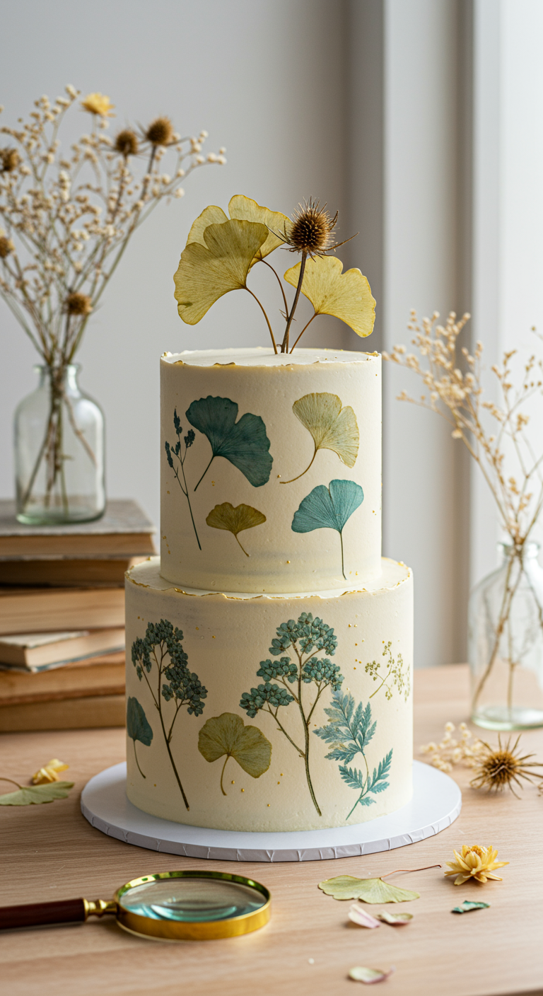 Zweistöckige Cremetorte, verziert mit echten gepressten Blättern und Blüten in Grün- und Blautönen.