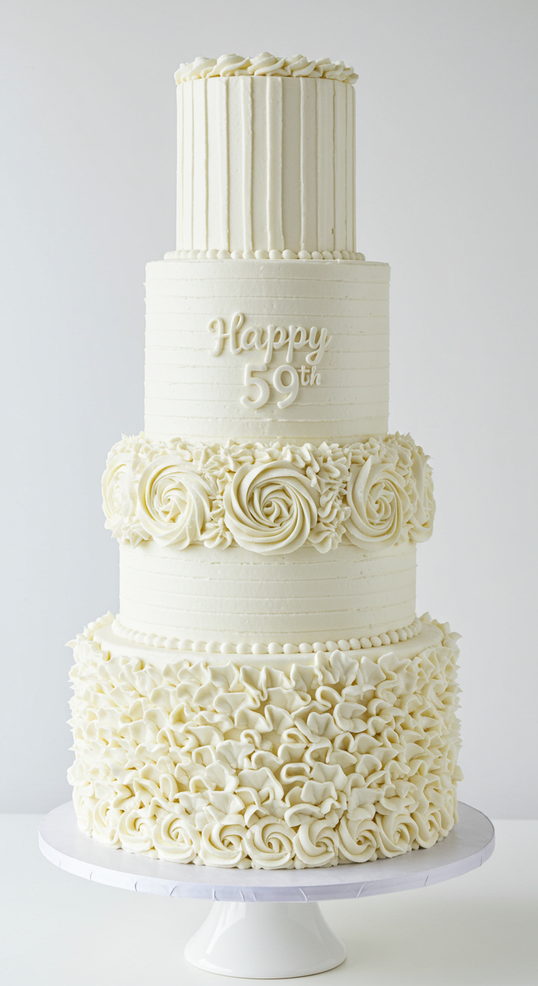 Hohe, weiße Torte mit Buttercreme-Mustern und Schriftzug 'Happy 59th'.