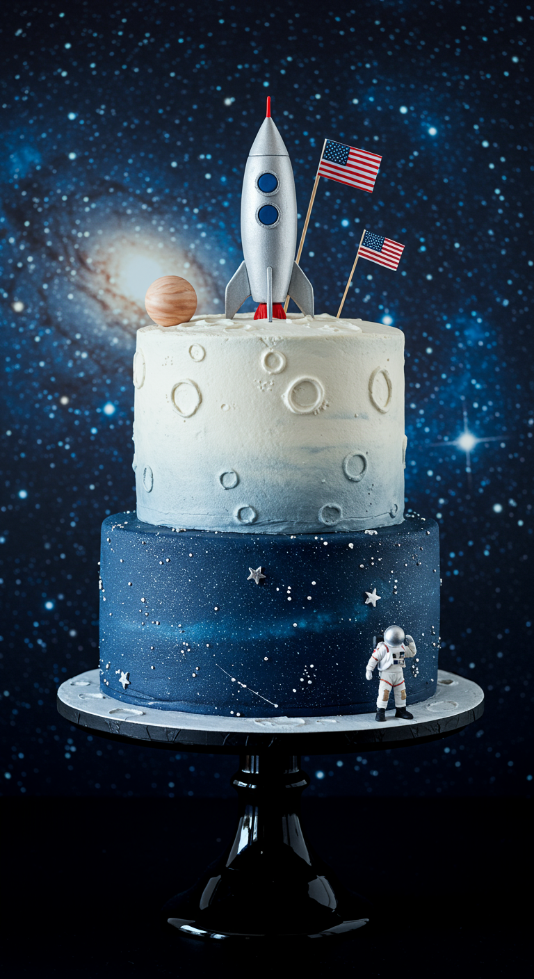 Zweistöckige Weltraum-Torte mit Rakete, Astronaut und Mondkrater-Design.