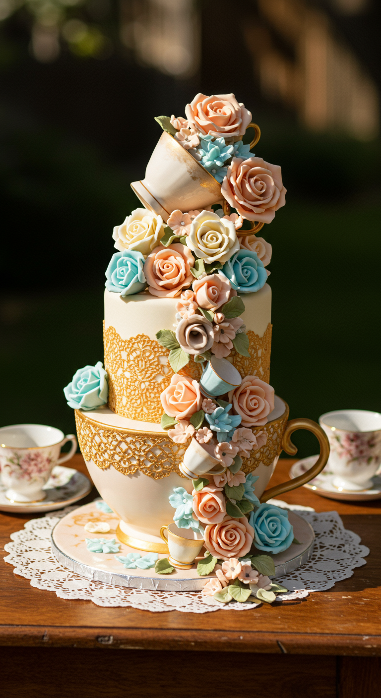 Torte dekoriert mit Teetassen-Kaskade und Zuckerrosen.