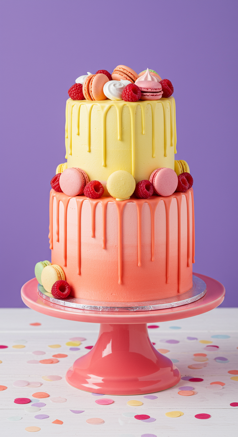 Zweistöckige Drip-Cake in Gelb und Koralle mit Macarons und Himbeeren.