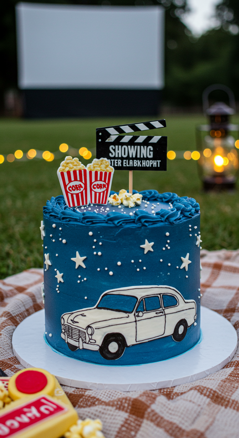 Blaue Torte mit Auto-Motiv, Popcorn-Deko und Filmklappen-Topper.
