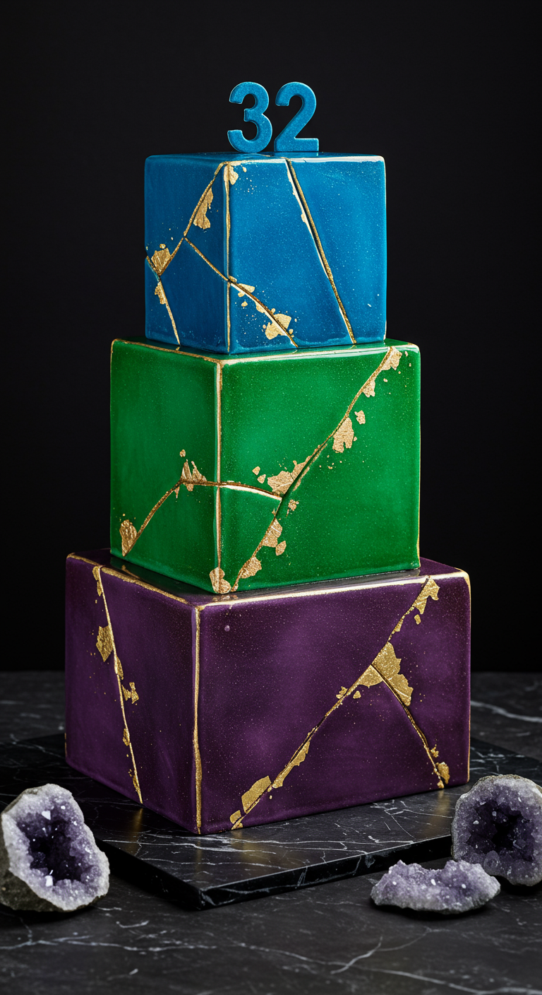 Dreistöckige eckige Torte in Blau, Grün, Lila mit goldenen Kintsugi-Akzenten.