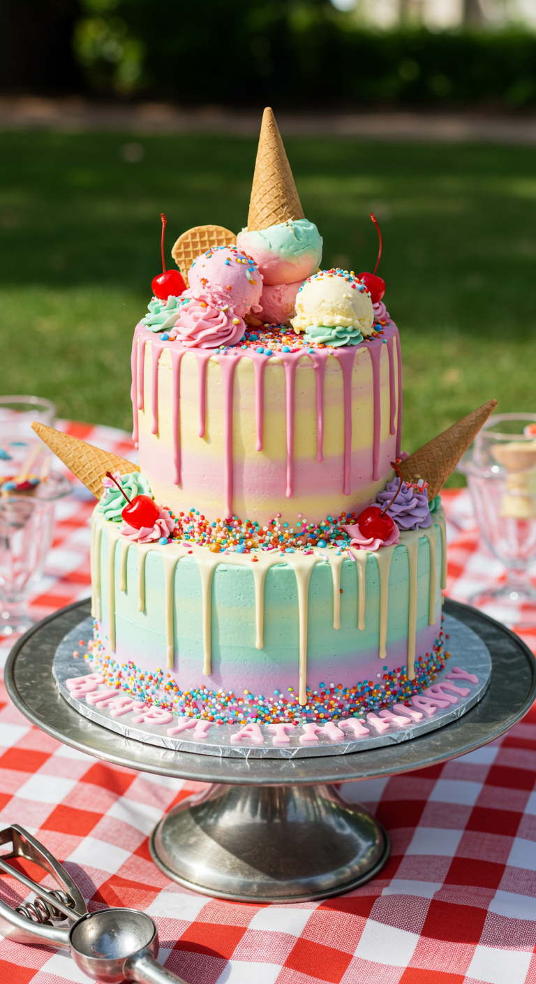Zweistöckige Torte mit tropfender Glasur, Eiswaffeln und bunten Streuseln.