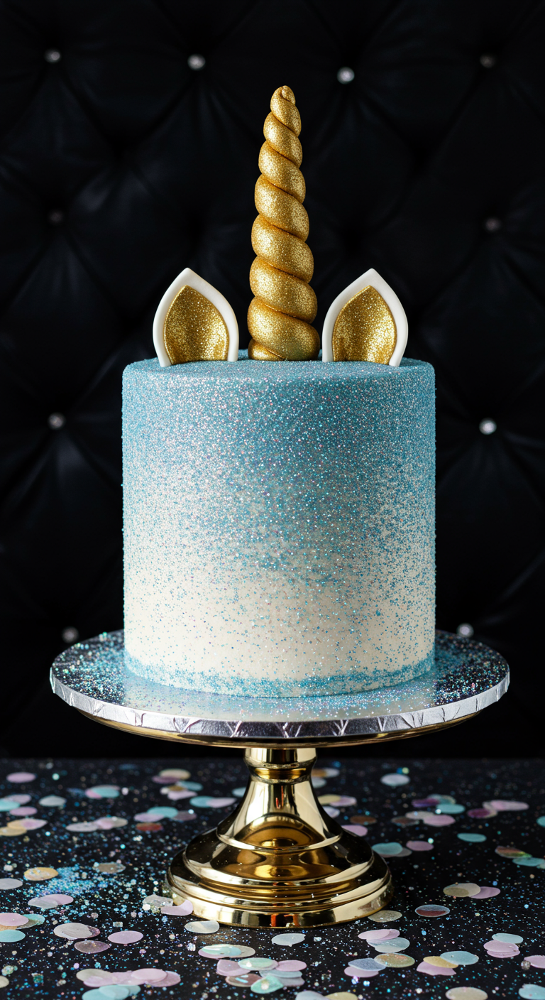Einhorntorte mit blauem Glitzer-Ombré-Effekt und goldenem Horn.