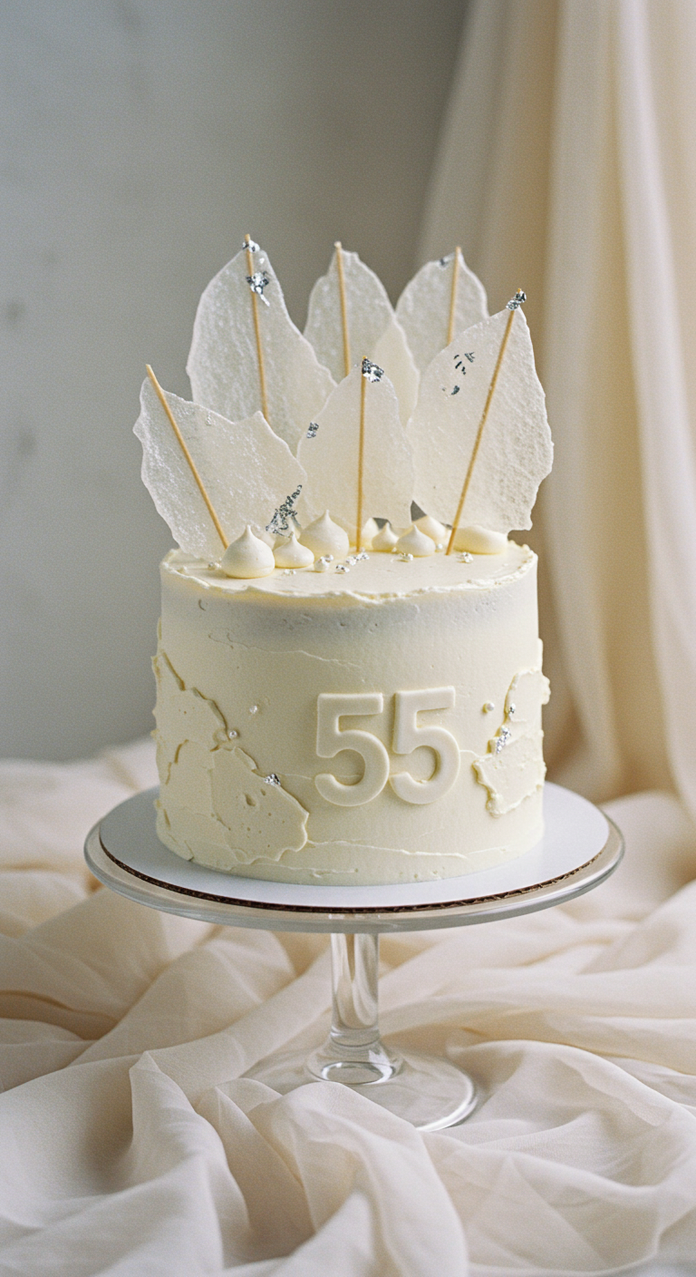 Weiße Torte mit abstrakten, transparenten Scherben als Deko und eingeprägter Zahl 55.