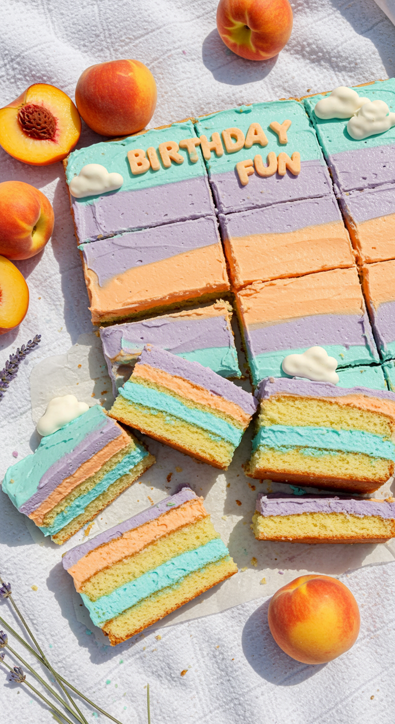 Angeschnittener Blechkuchen mit bunten Schichten und „Birthday Fun“ Schriftzug.