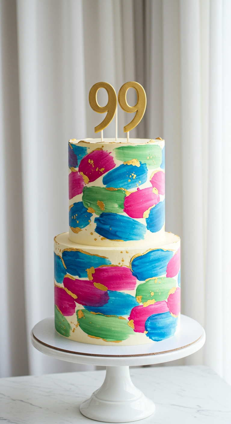 Zweistöckige Torte mit bunten Pinselstrichen und goldener 99.