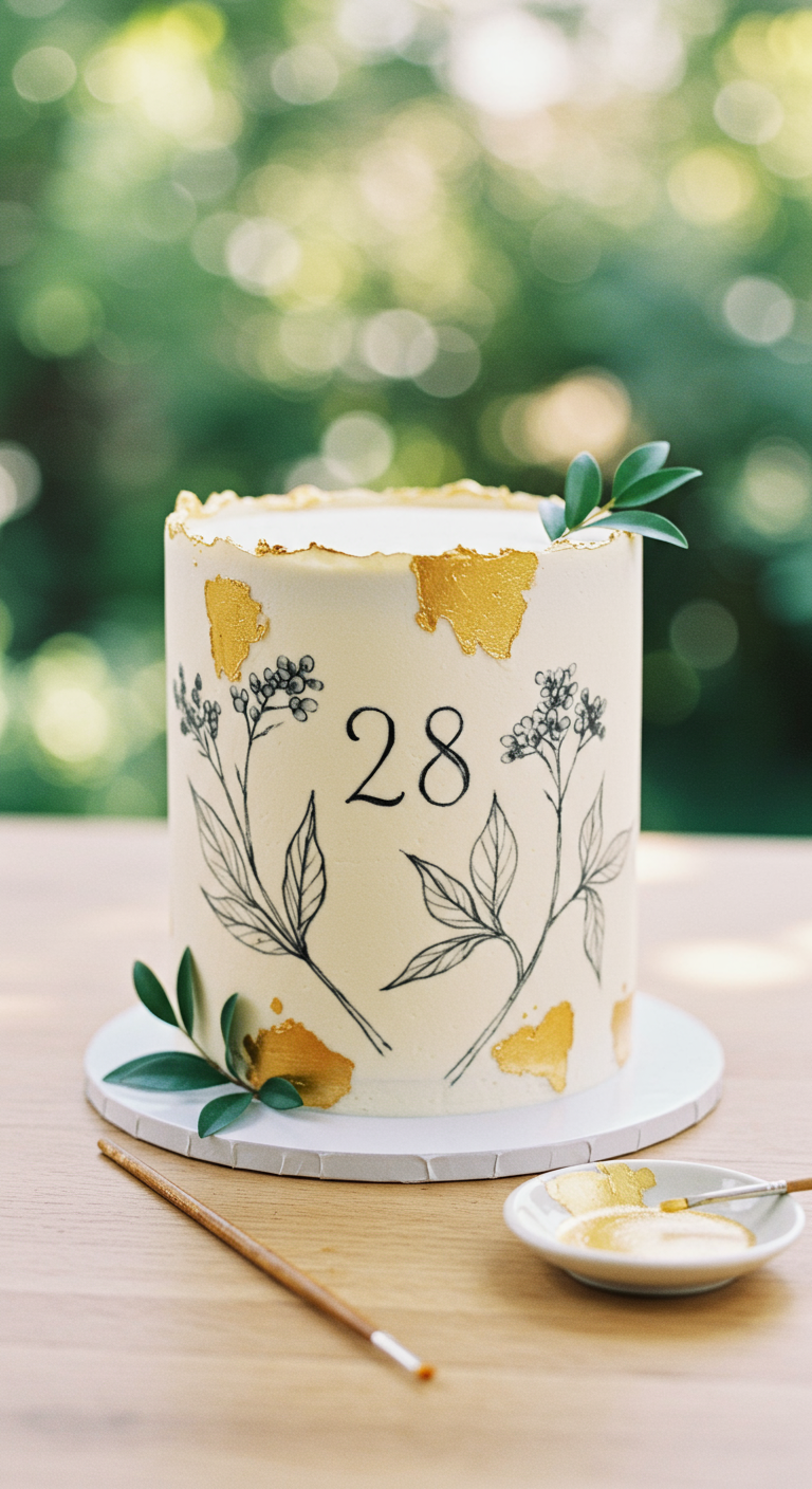 Weiße Torte mit handgemalten schwarzen Blumenranken, Goldakzenten und Zahl 28.