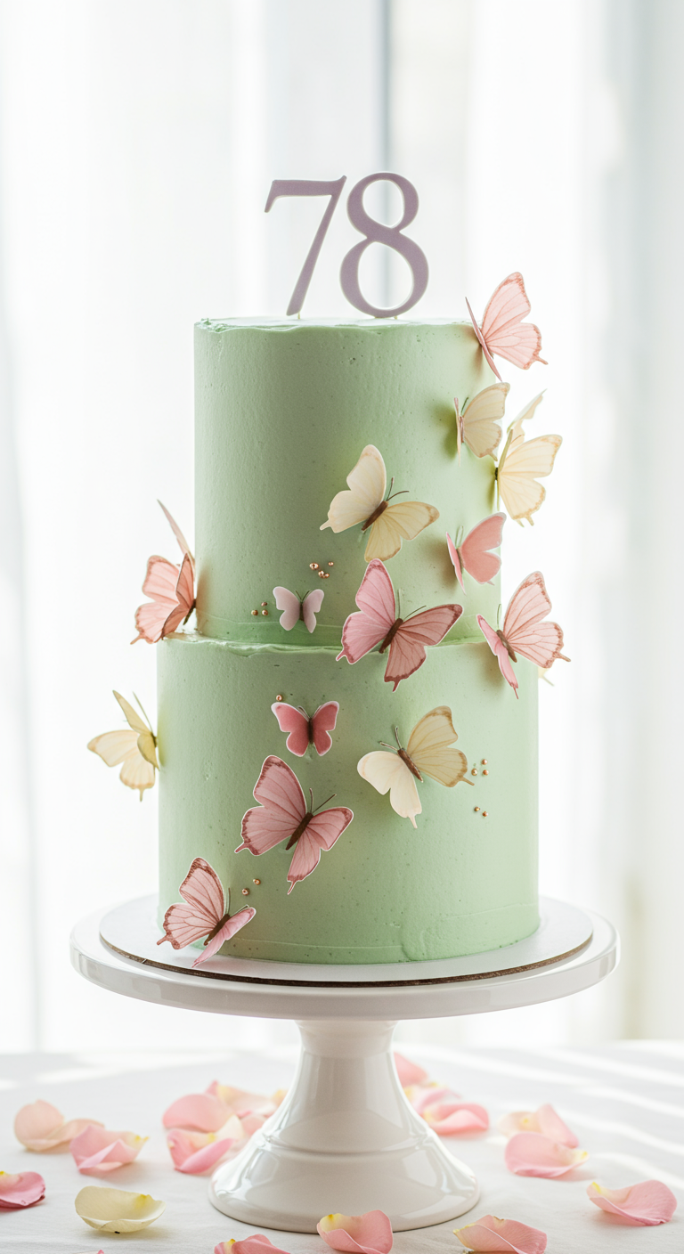 Zweistöckige, mintgrüne Torte, dekoriert mit vielen rosa und cremefarbenen Schmetterlingen.