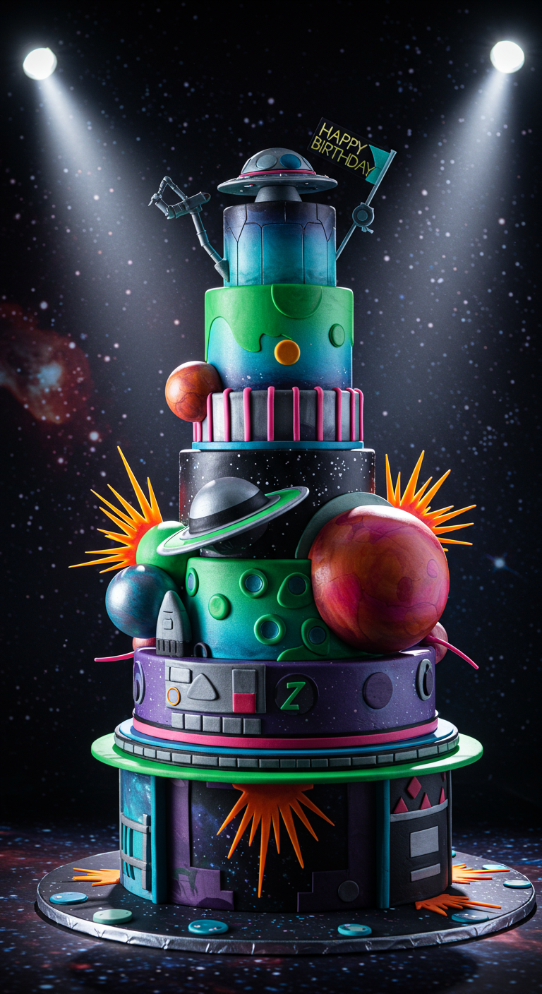 Mehrstöckige Weltraum-Torte mit Planeten, UFO und Sternen.