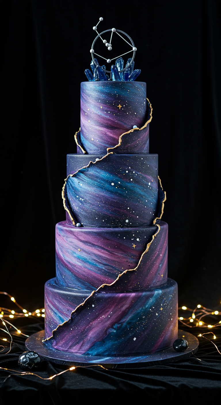 Mehrstöckige Galaxie-Torte mit goldener Fault-Line-Optik und Kristall-Deko.