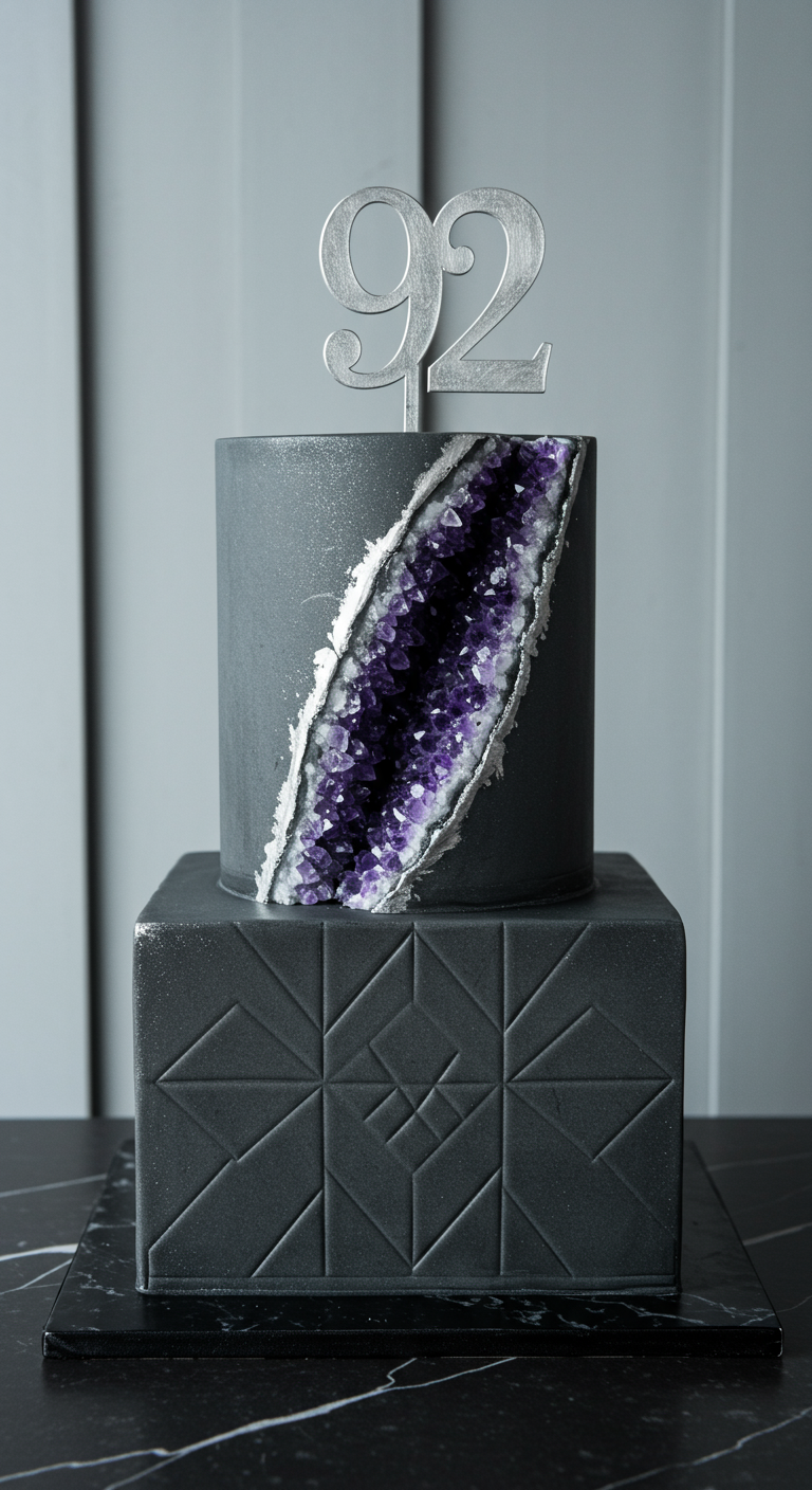 Graue zweistöckige Torte mit aufbrechender Amethyst-Geode und Silber-Topper 92.