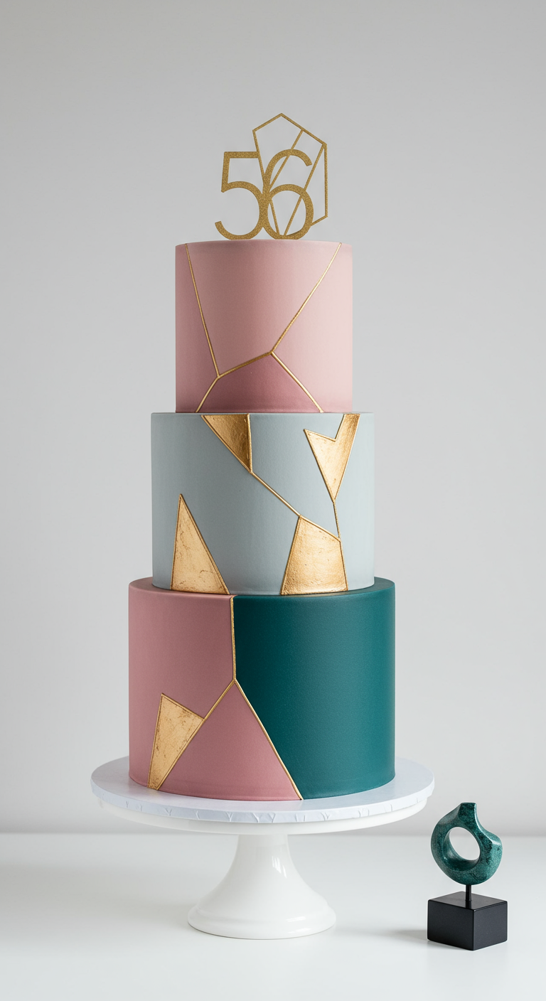 Dreistöckige Torte in Pastellfarben (Rosa, Hellblau, Petrol) mit goldenen geometrischen Linien.