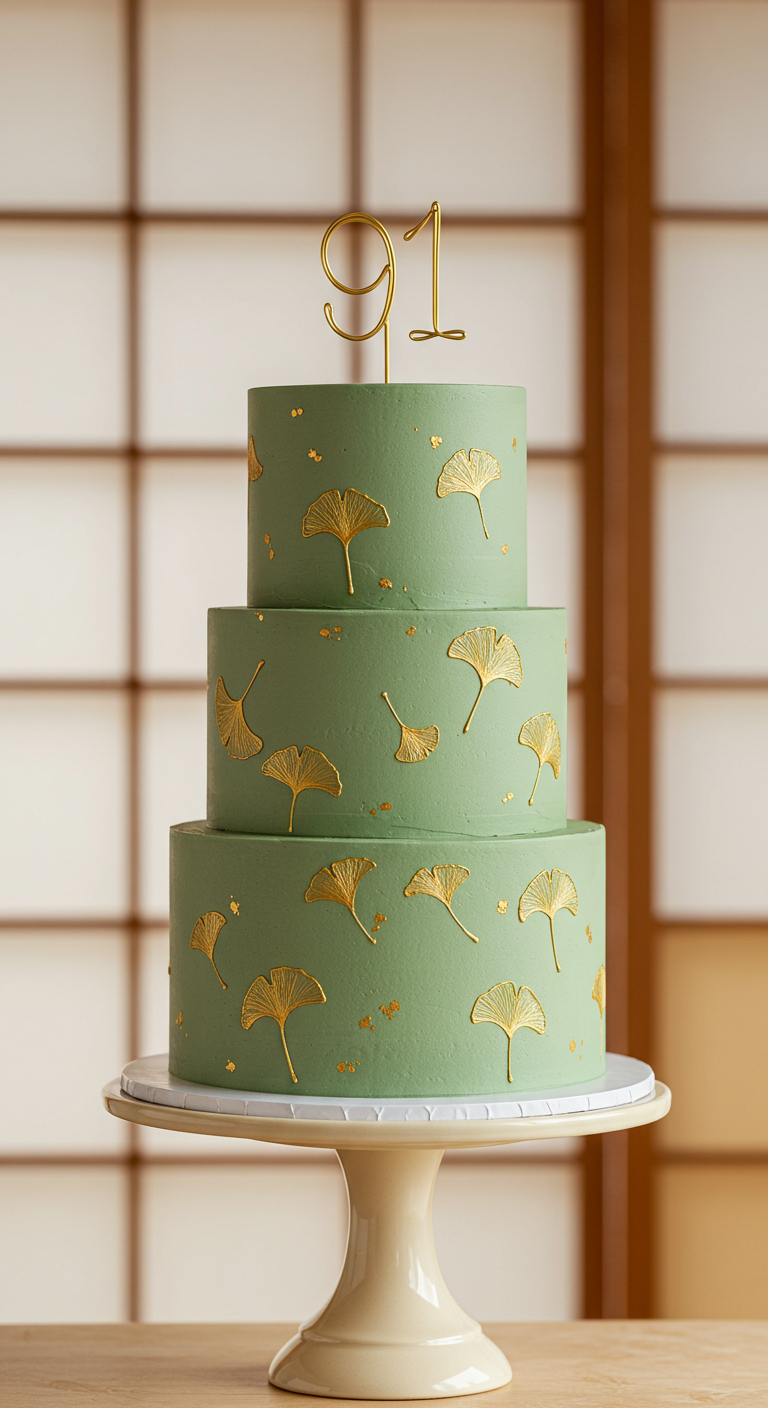 Hellgrüne dreistöckige Torte mit goldenen Ginkgoblättern und Zahl 91.