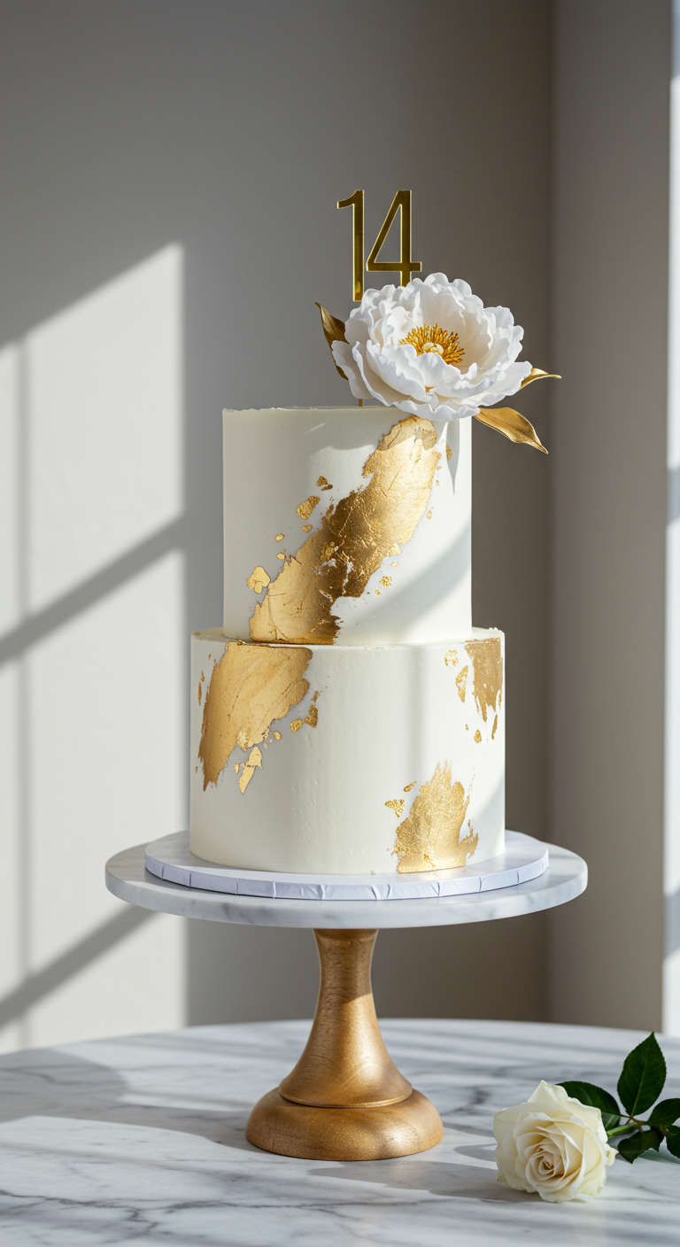 Zweistöckige weiße Torte mit goldenen Akzenten und einer weißen Pfingstrose.