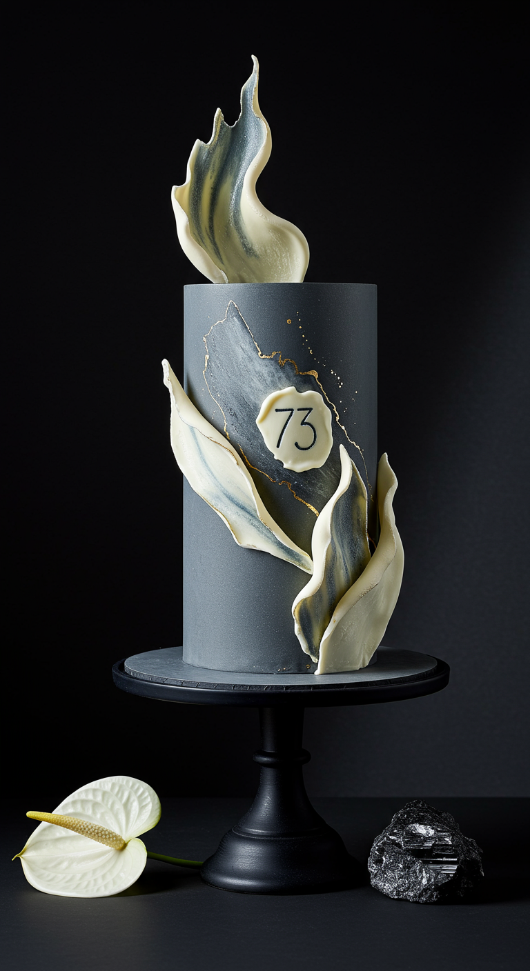 Hohe graue Torte mit abstrakten weißen Schoko-Elementen und Golddetails.