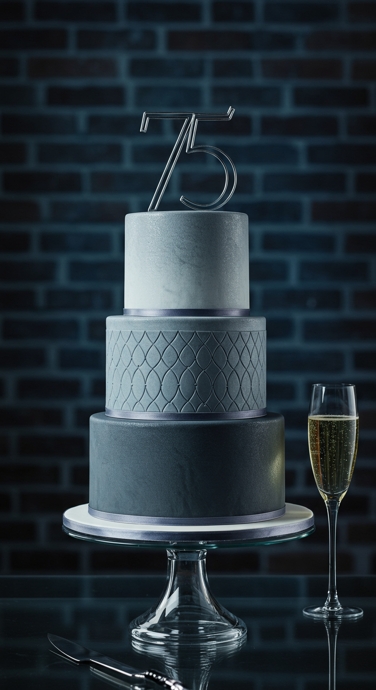 Dreistöckige graue Torte mit geometrischem Muster und silbernem 75-Topper.