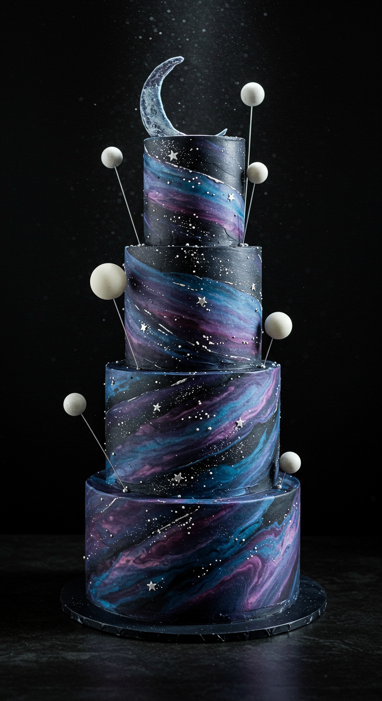 Mehrstöckige Torte im Galaxy-Design mit Mond und Planeten.
