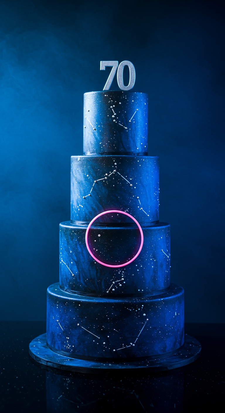 Vierstöckige Torte im Galaxy-Look mit Sternbildern und einem leuchtenden rosa Ring.