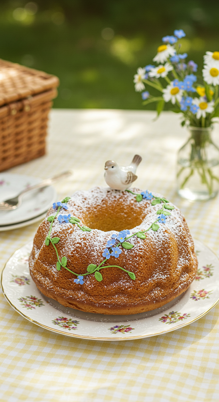Gugelhupf mit Puderzucker, blauen Blümchen und Vogel-Topper.