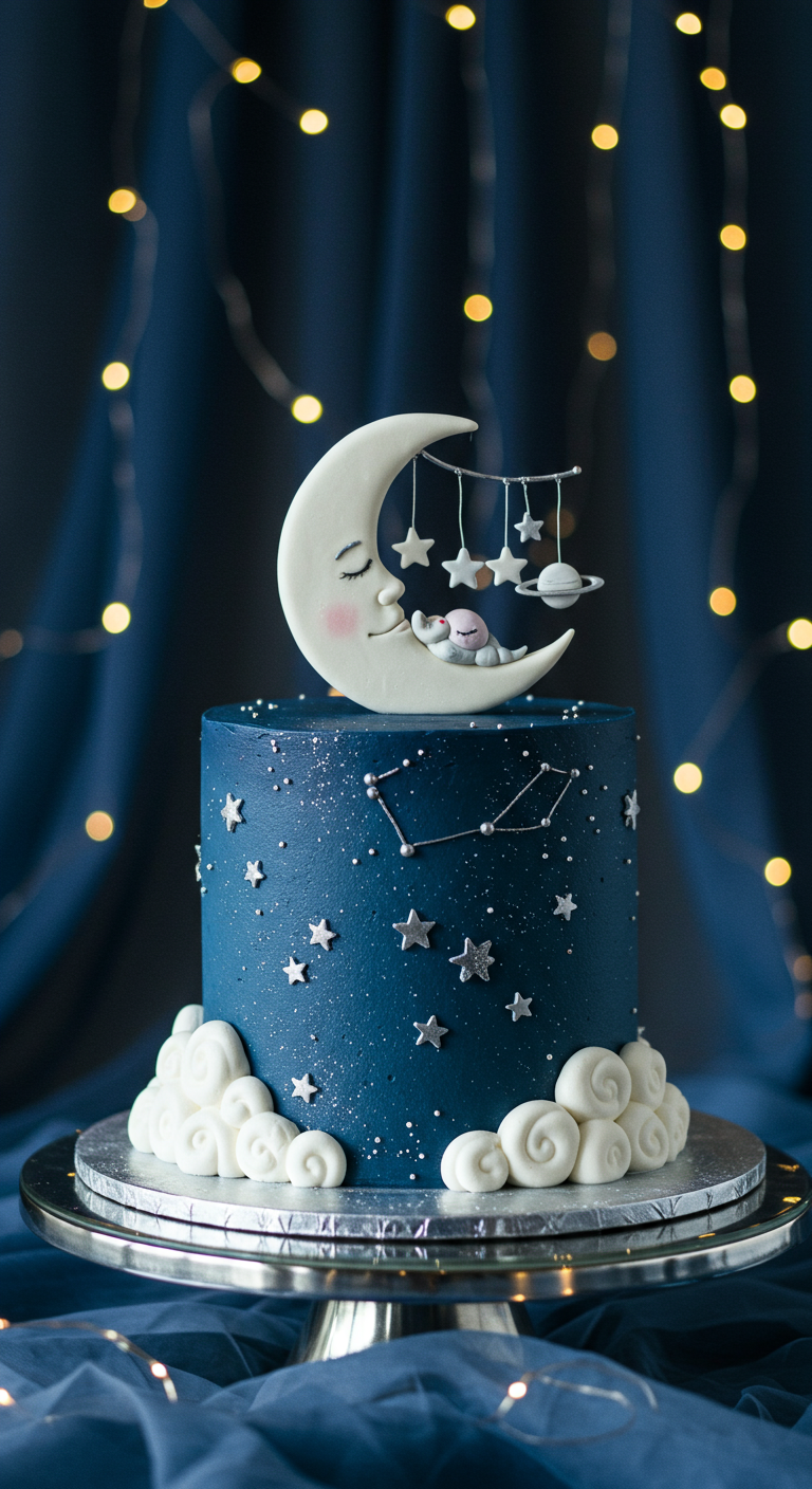 Dunkelblaue Torte mit schlafendem Mond, Sternen-Mobile und Wolken.