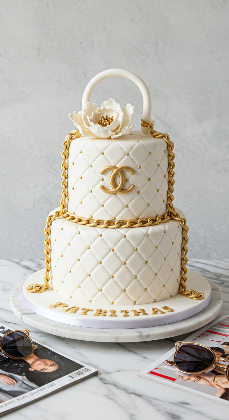 Zweistöckige weiße Torte in Form einer Designer-Handtasche mit goldenen Details.