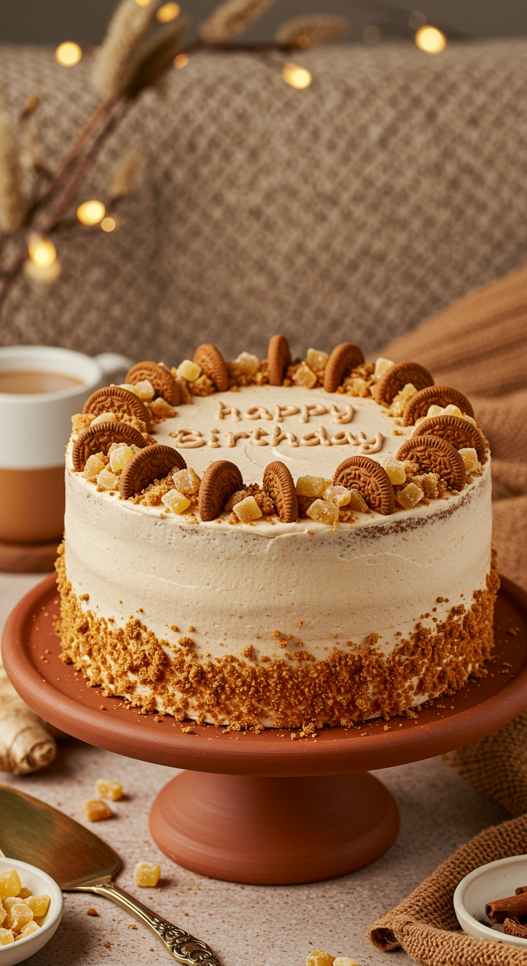 Beige Gewürzkorte mit Keksrand, Ingwerstückchen und 'Happy Birthday' aus Keksen.