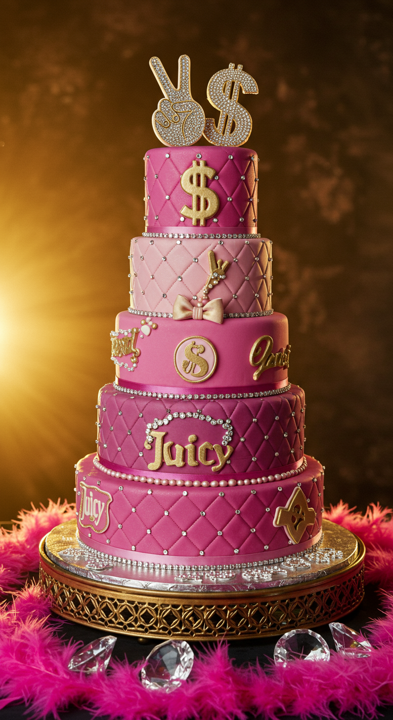 Hohe pinke Torte mit Steppmuster, Gold-Details, Strass und Juicy-Schriftzügen.