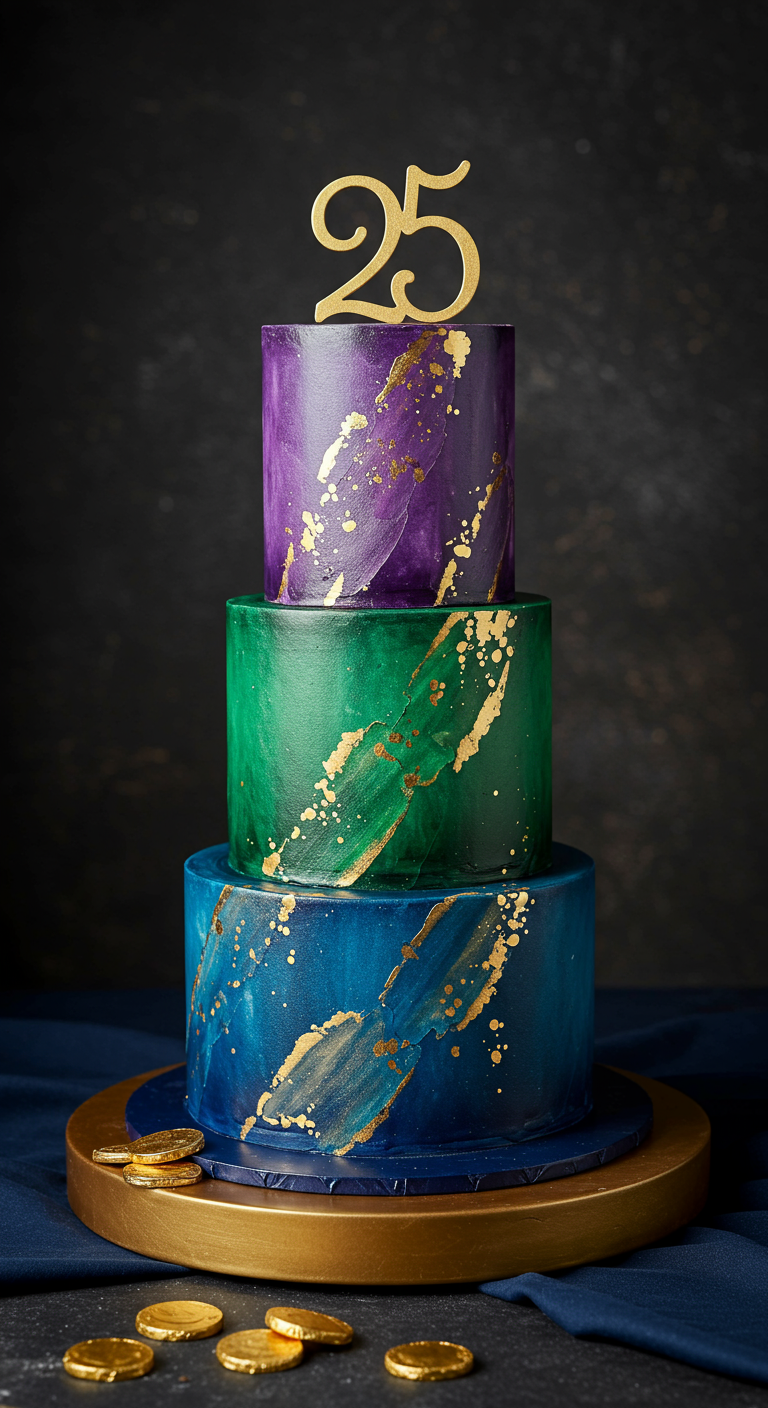 Dreistöckige Torte in Juwelenfarben (Lila, Grün, Blau) mit Goldsprenkeln und