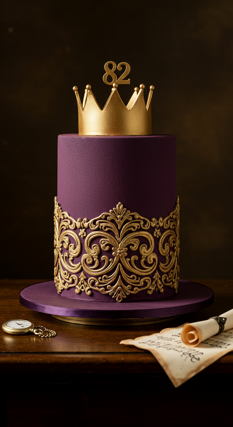 Dunkellila Kuchen mit goldenem Ornamentband und einer goldenen Krone, Zahl 82.
