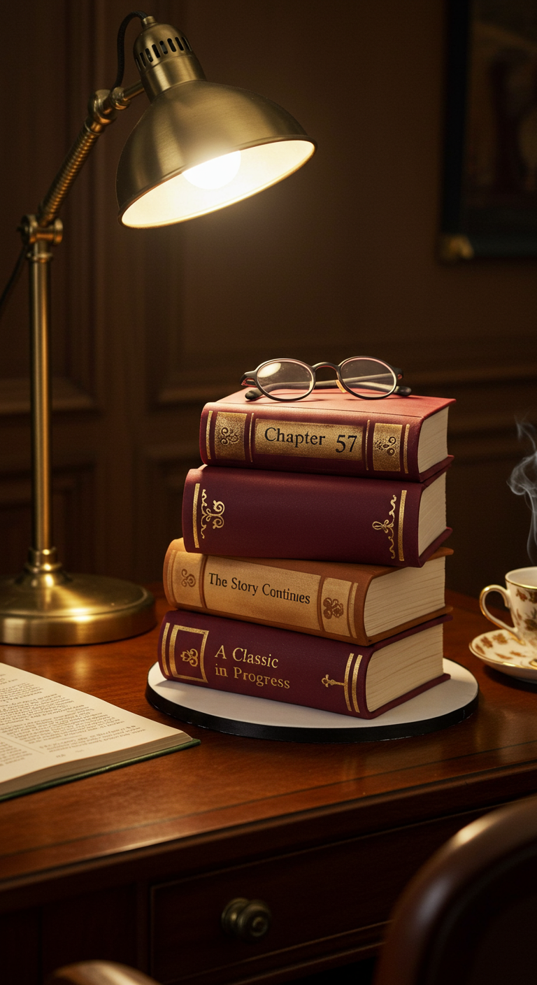 Torte in Form eines Bücherstapels mit Titeln wie