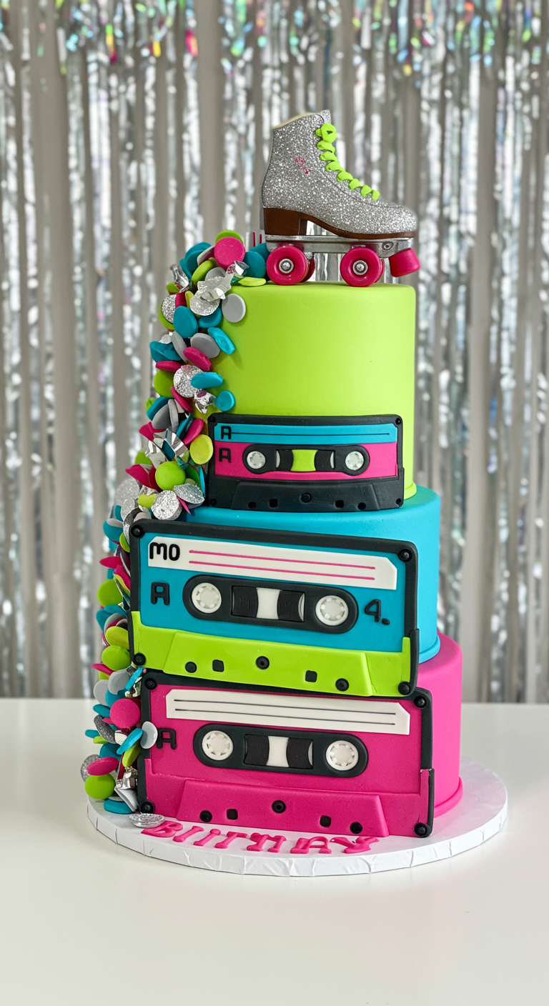 Bunte Torte mit Kassetten-Design und einem Glitzer-Rollschuh als Topper.