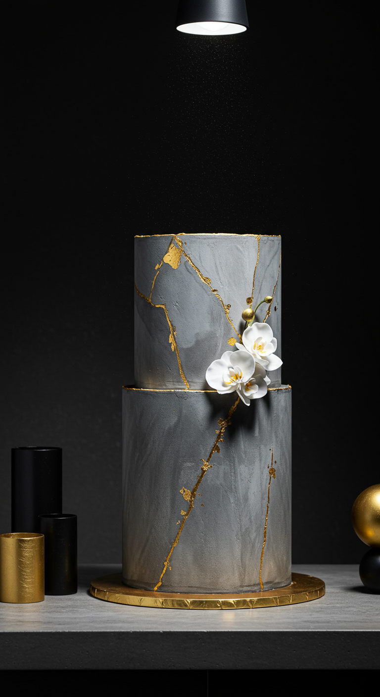 Zweistöckige graue Torte im Beton-Look mit goldenen Rissen und weißen Orchideen.