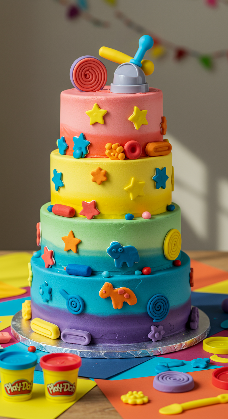 Bunte mehrstöckige Torte mit Knetfiguren und Regenbogenfarbverlauf.