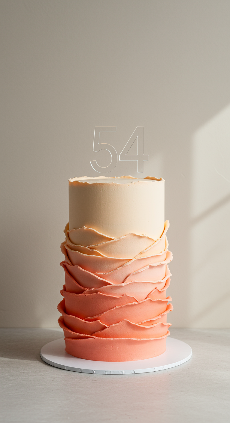 Hohe Torte mit Ombré-Rüschen in Koralltönen von hell nach dunkel, mit transparentem