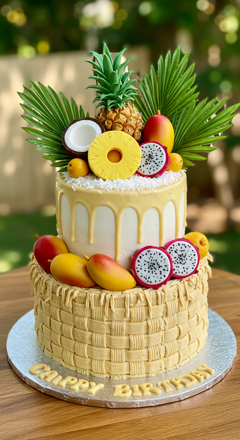 Zweistöckige Torte in Korboptik mit weißen Drips und frischen Tropenfrüchten.