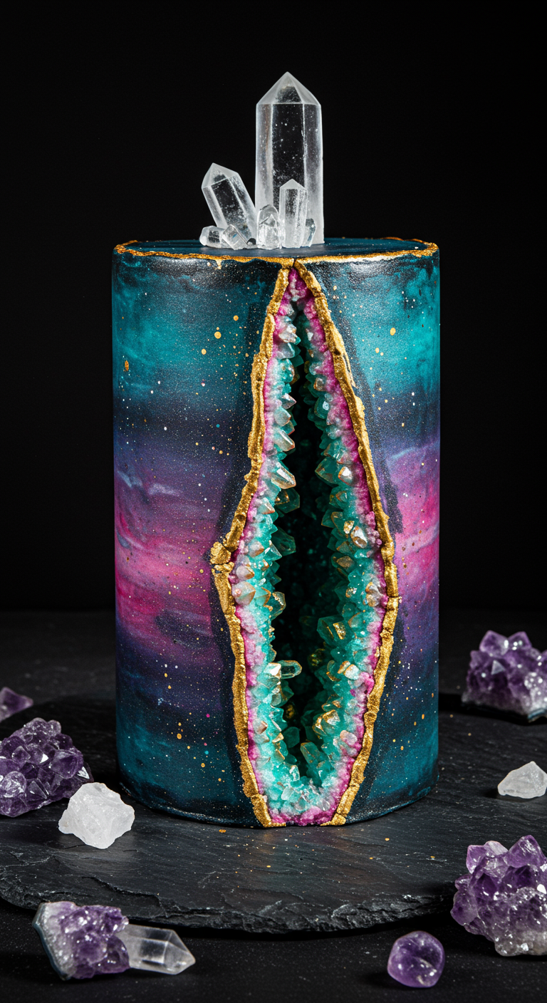 Galaxy-Torte mit Geode aus türkisfarbenen Zuckerkristallen.
