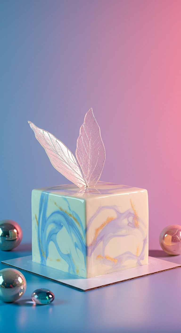 Kubische Torte mit blau-lila marmorierter Mirror Glaze und durchsichtigen Glitzerflügeln.