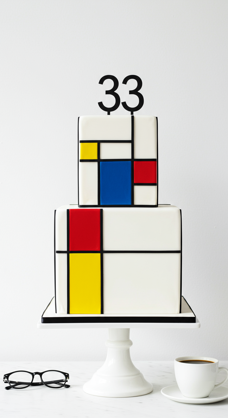 Zweistöckige weiße Torte im Mondrian-Stil mit schwarzen Linien, bunten Quadraten, Zahl 33.