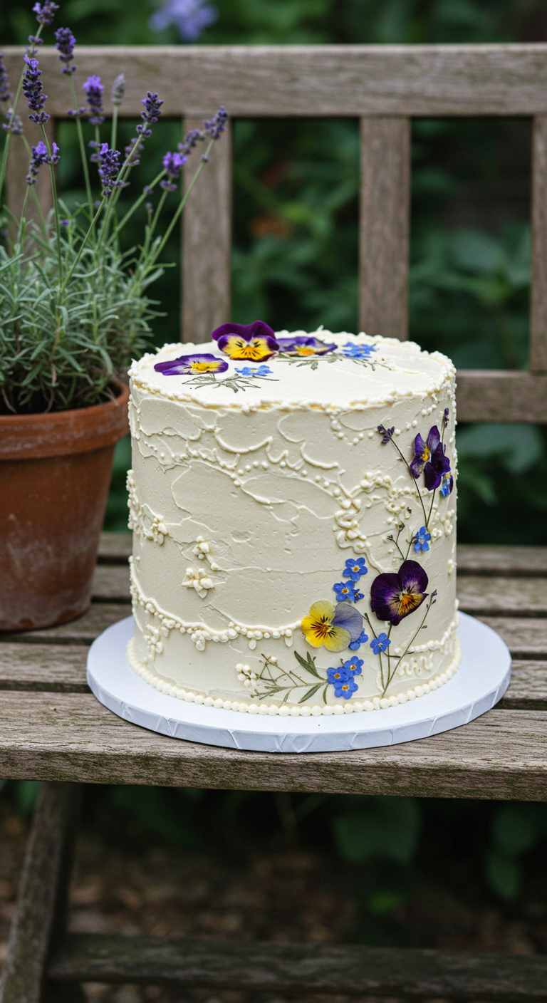 Weiße Torte mit echten, gepressten bunten Blüten und feinen Verzierungen.