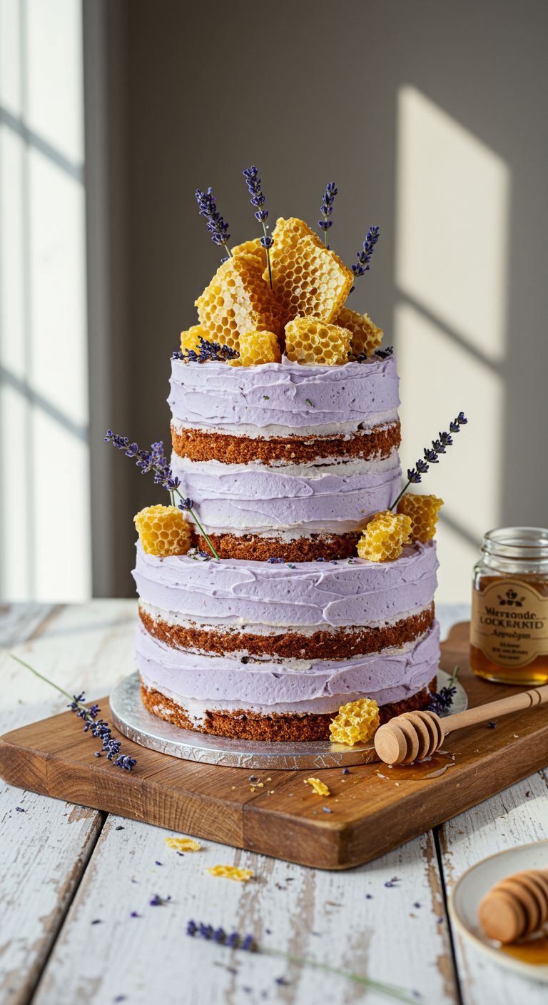 Naked Cake mit lila Creme, Lavendel und Bienenwaben.