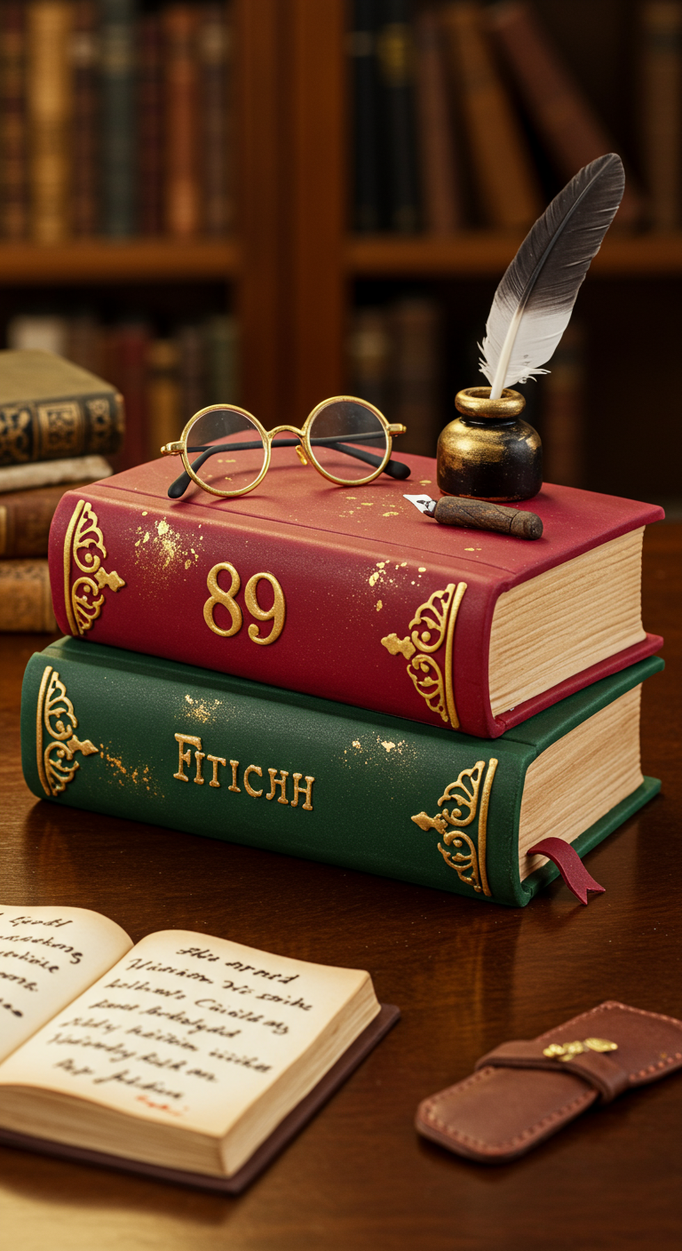 Torte in Form von zwei übereinanderliegenden Büchern, rot und grün, mit goldener Schrift.