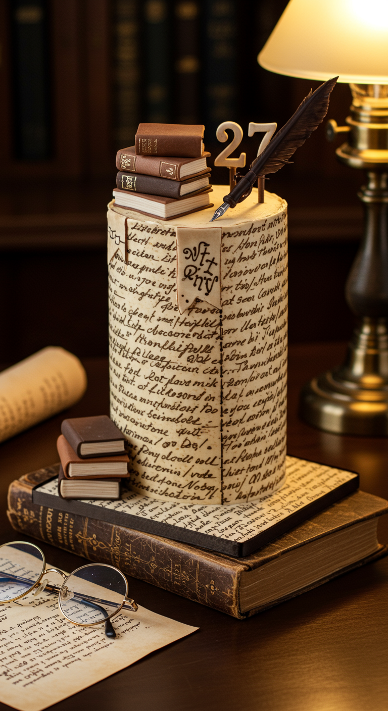 Torte dekoriert mit Buchseiten-Optik, Mini-Büchern und Federkiel.