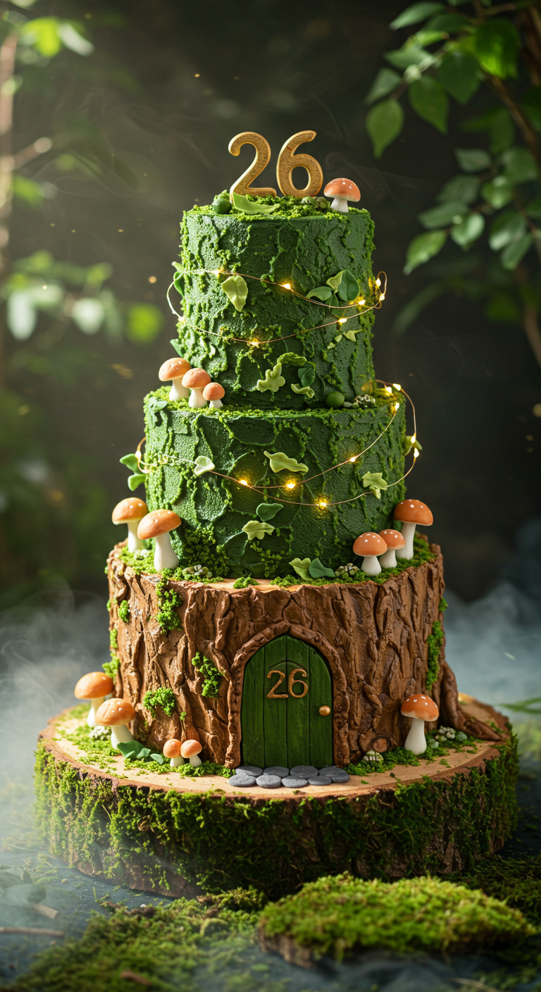 Märchenhafte Waldtorte mit Moos, Pilzen und Lichterkette.