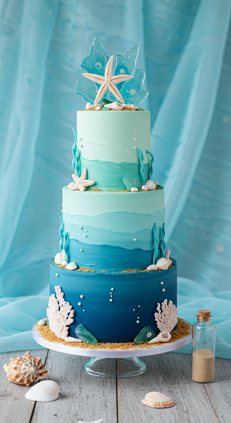 Dreistöckige Ombré-Torte in Blautönen mit Seesternen und Korallen.