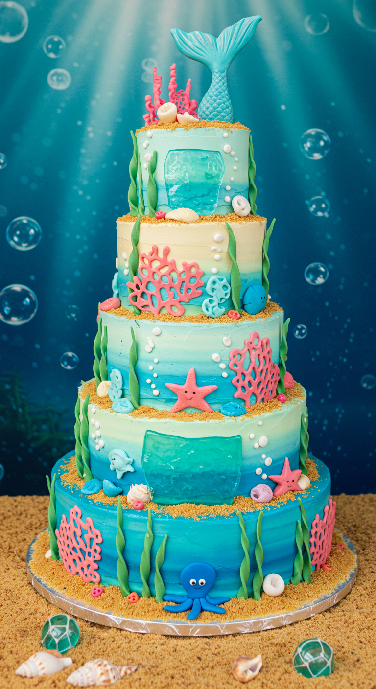Mehrstöckige Meerjungfrauen-Torte mit blauer Buttercreme, Korallen und Meerestieren aus Fondant.