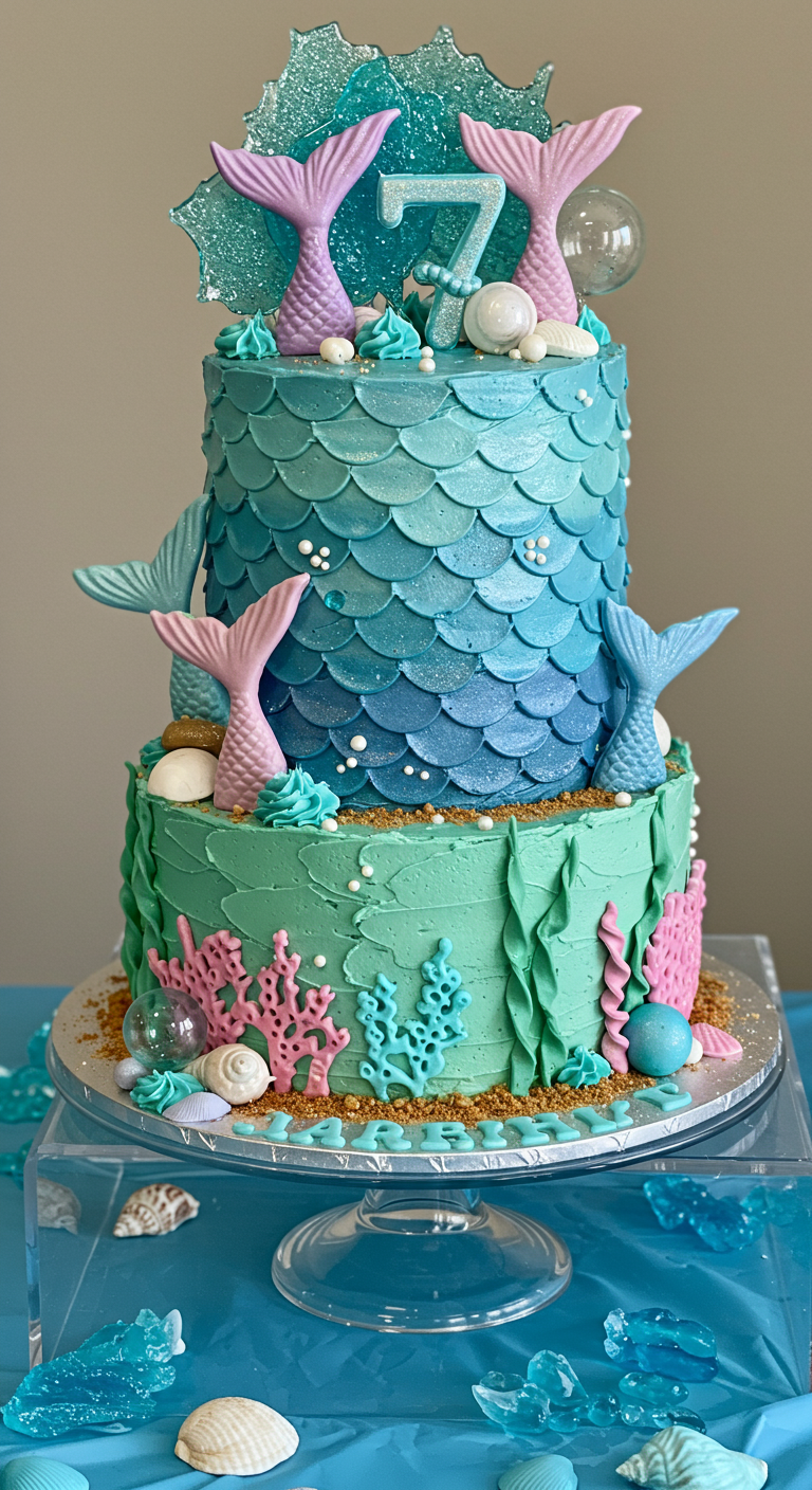 Zweistöckige Meerjungfrauen-Torte mit Schuppenmuster und Flossen.