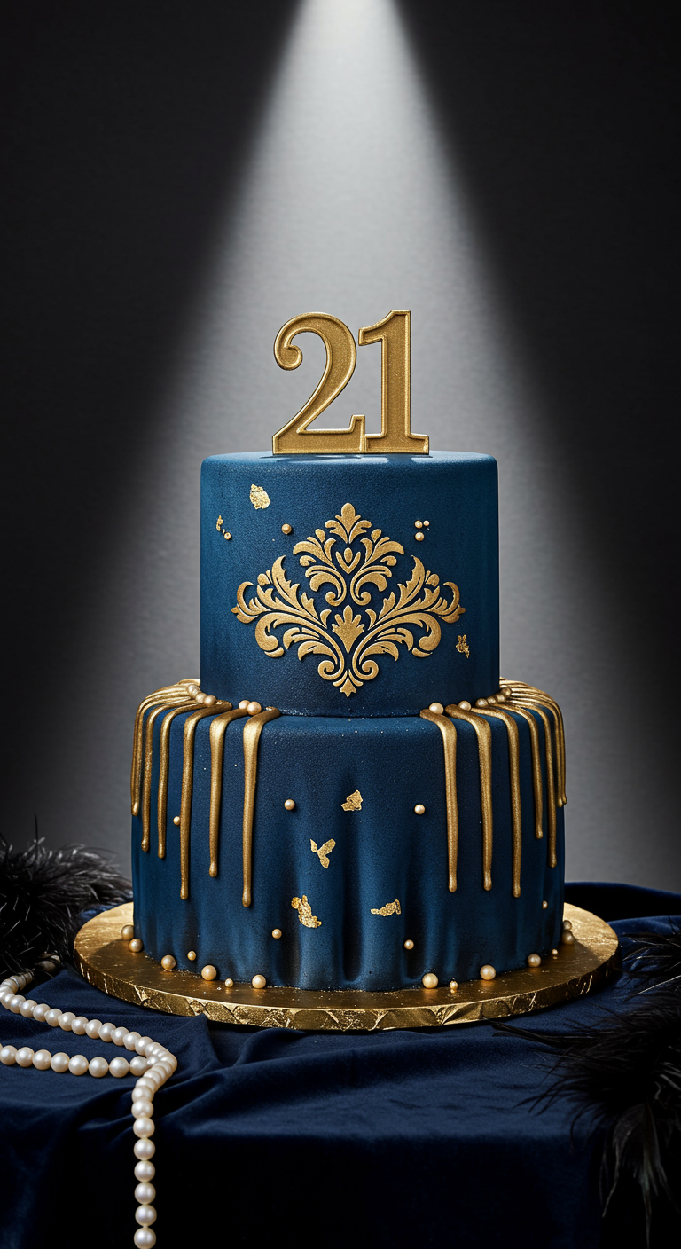 Zweistöckige Torte in Königsblau mit goldenem Drip und Ornamenten.