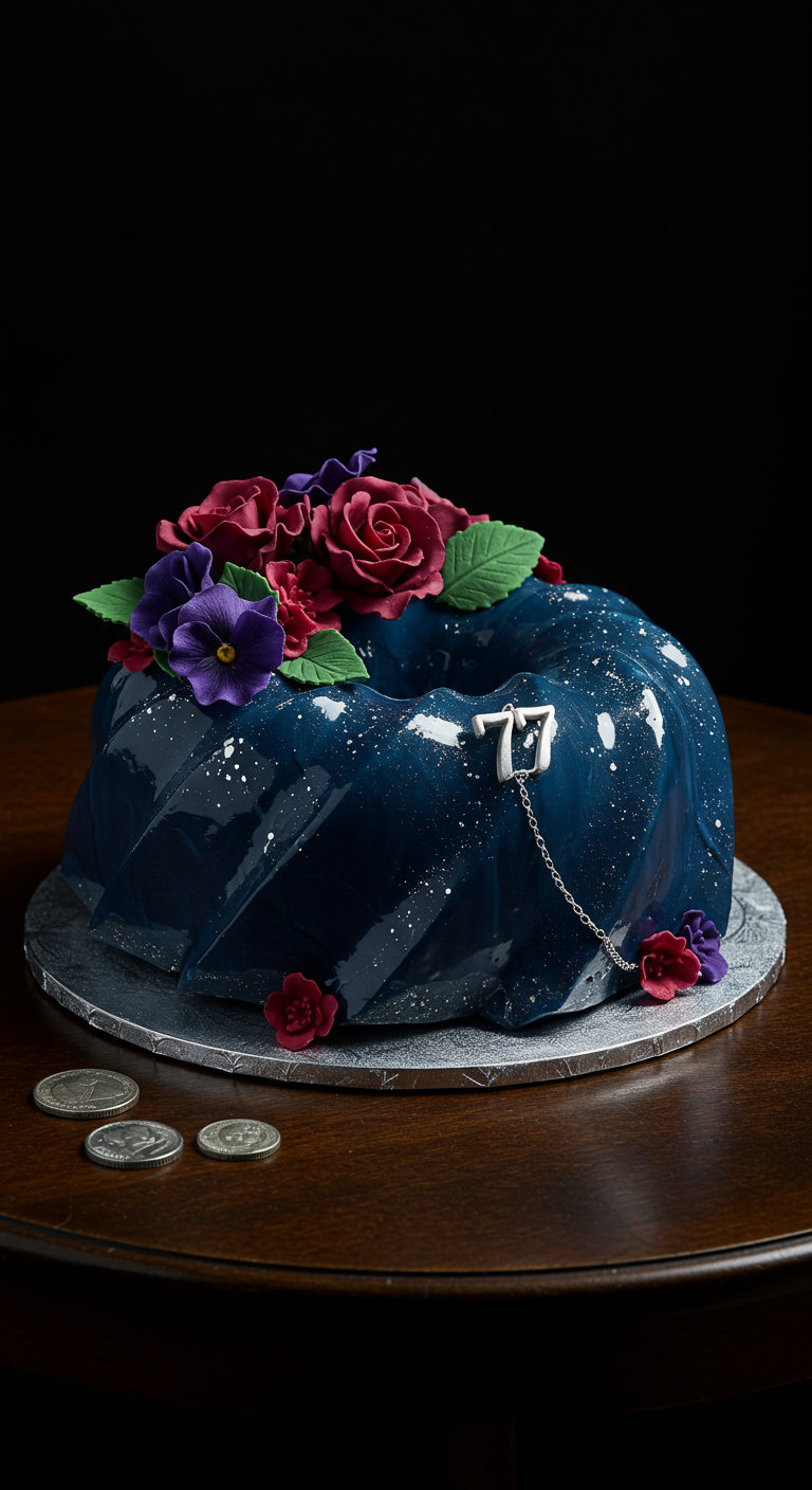Dunkelblauer Gugelhupf mit Mirror Glaze, Glitzer und Zuckerblumen.